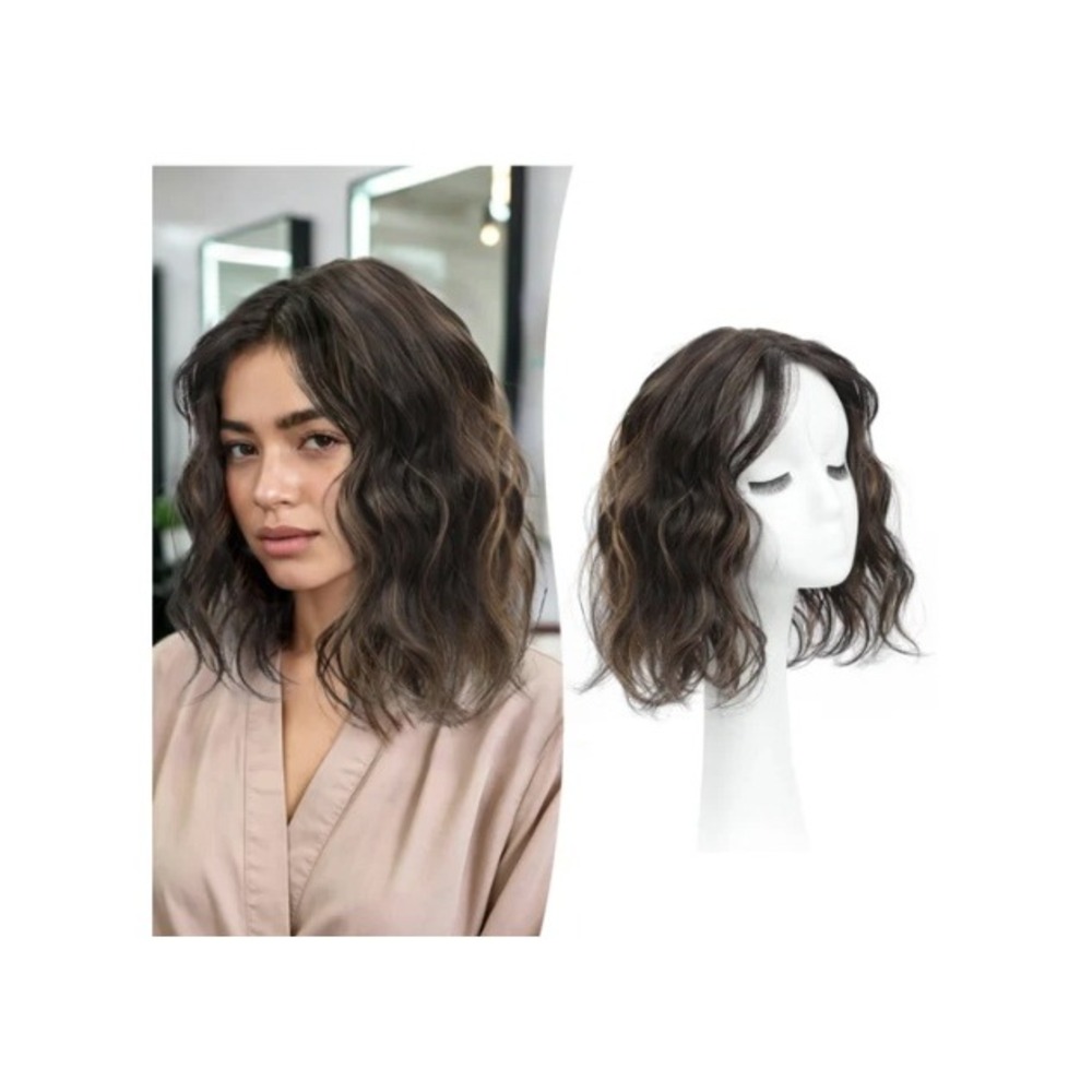 11 Inch Wavy Hair Topper Dark Brown Highlights Heat Resistant Fiber 6.5x6.5 Base